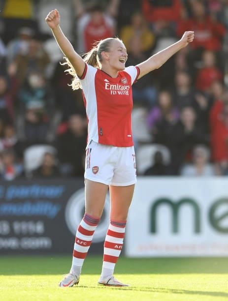 Frida Maanum celebrates scoring Arsenal's 3rd goal during the Barclays FA Women's Super League match between Arsenal Women and Everton Women at...