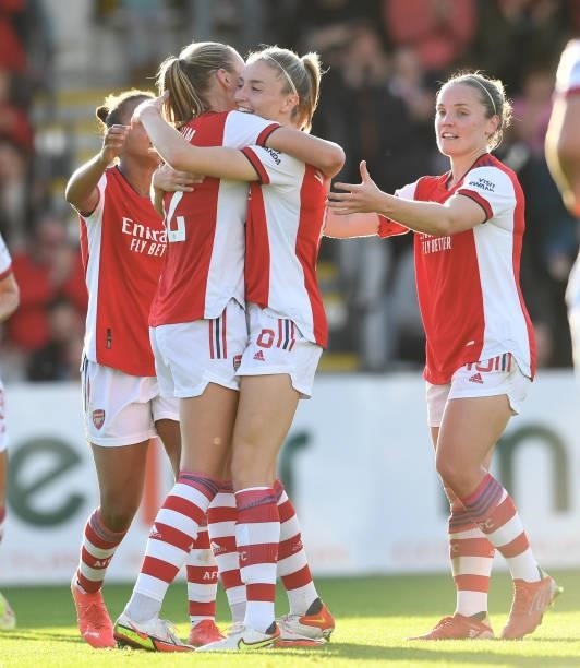 Frida Maanum celebrates scoring Arsenal's 3rd goal with Leah Williamson and Kim Little during the Barclays FA Women's Super League match between...