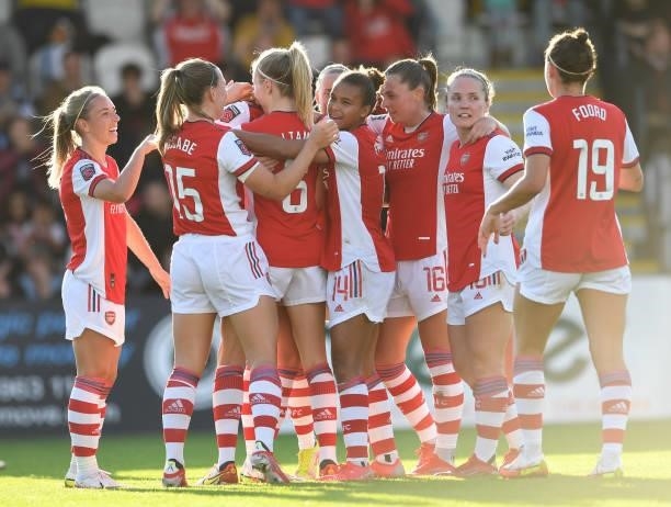 Frida Maanum celebrates scoring Arsenal's 3rd goal with her team mates during the Barclays FA Women's Super League match between Arsenal Women and...