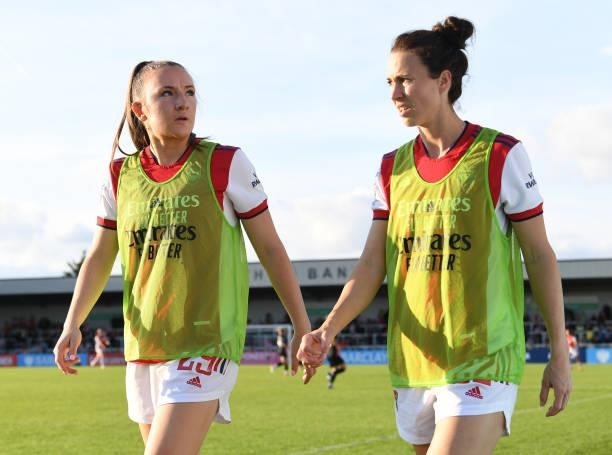 Teyah Goldie and Viki Schnaderbeck of Arsenal during the Barclays FA Women's Super League match between Arsenal Women and Everton Women at Meadow...
