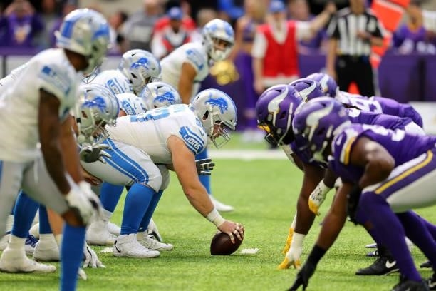 The Detroit Lions offense lines up against the Minnesota Vikings defense during the second half at U.S. Bank Stadium on October 10, 2021 in...