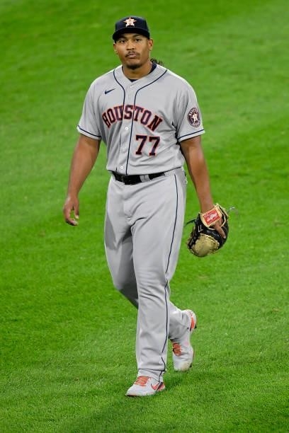 Luis Garcia of the Houston Astros takes the field to warm up prior to game 3 of the American League Division Series against the Chicago White Sox at...