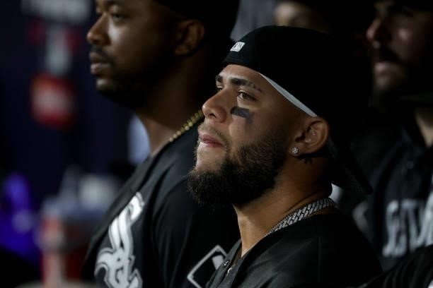 Yoan Moncada of the Chicago White Sox in the dugout prior to game 3 of the American League Division Series against the Houston Astros at Guaranteed...
