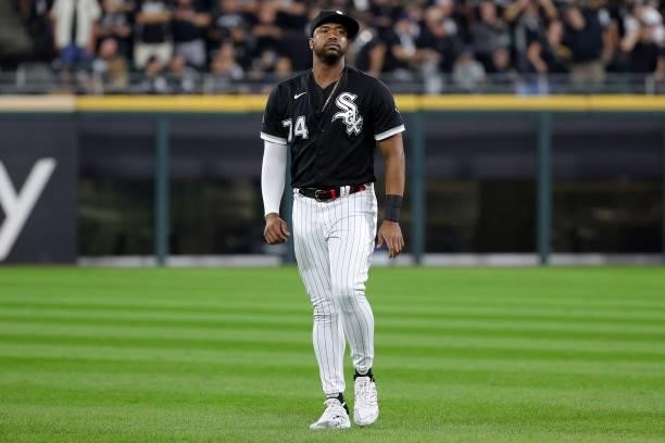 Eloy Jimenez of the Chicago White Sox on the field prior to game 3 of the American League Division Series against the Houston Astros at Guaranteed...