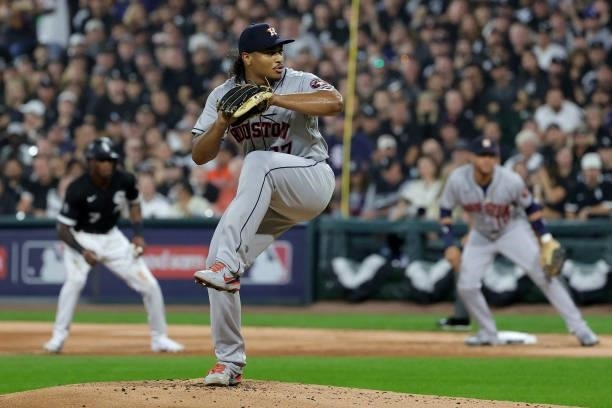 Luis Garcia of the Houston Astros pitches in the first inning during game 3 of the American League Division Series against the Chicago White Sox at...