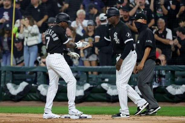 Tim Anderson of the Chicago White Sox celebrates a base hit in the first inning during game 3 of the American League Division Series against the...