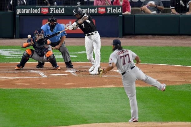 Tim Anderson of the Chicago White Sox hits a single in the first inning during game 3 of the American League Division Series against the Houston...
