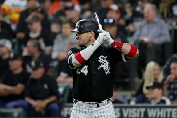 Yasmani Grandal of the Chicago White Sox in the on deck circle in the first inning during game 3 of the American League Division Series against the...