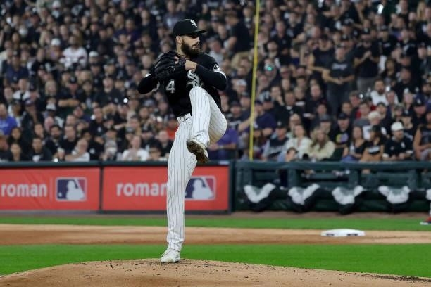 Dylan Cease of the Chicago White Sox pitches in the second inning during game 3 of the American League Division Series against the Chicago White Sox...
