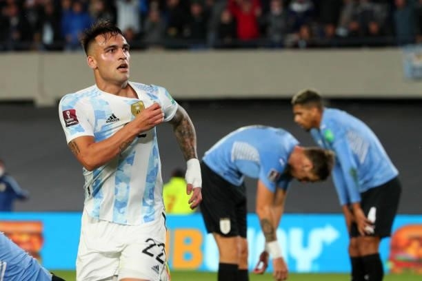 Lautaro Martinez of Argentina celebrates after scoring the third goal of his team during a match between Argentina and Uruguay as part of South...