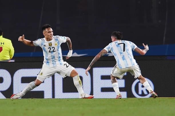 Lautaro Martinez of Argentina celebrates with teammate Rodrigo De Paul after scoring the third goal of his teamduring a match between Argentina and...