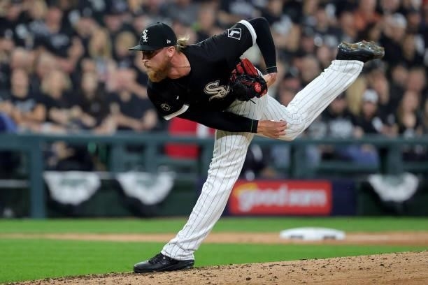 Michael Kopech of the Chicago White Sox pitches in the second inning during game 3 of the American League Division Series against the Houston Astros...
