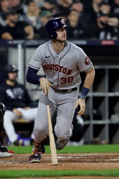 Kyle Tucker of the Houston Astros hits the ball in the second inning during game 3 of the American League Division Series against the Chicago White...