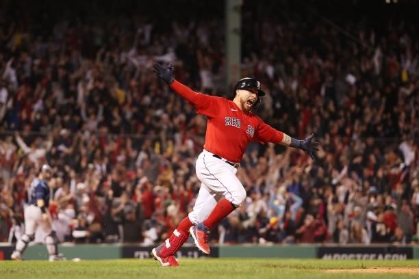 Christian Vazquez of the Boston Red Sox celebrates his game winning two-run homerun in the 13th inning against the Tampa Bay Rays during Game 3 of...