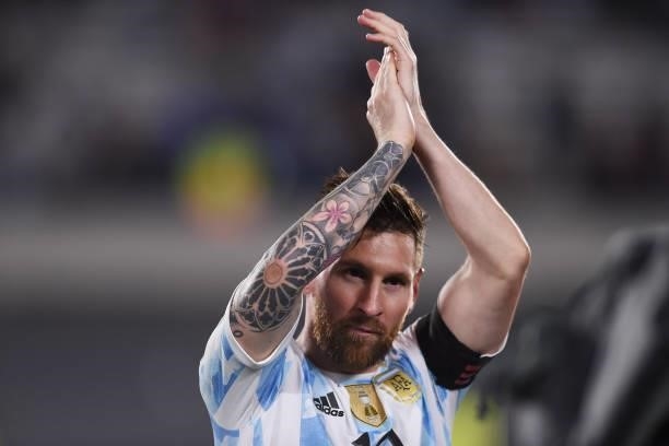 Lionel Messi of Argentina celebrates after winning during a match between Argentina and Uruguay as part of South American Qualifiers for Qatar 2022...