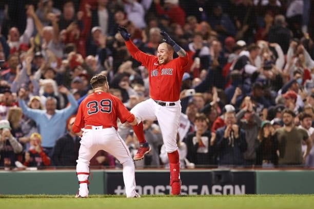 Christian Vazquez of the Boston Red Sox celebrates his game winning two-run homerun in the 13th inning against the Tampa Bay Rays during Game 3 of...