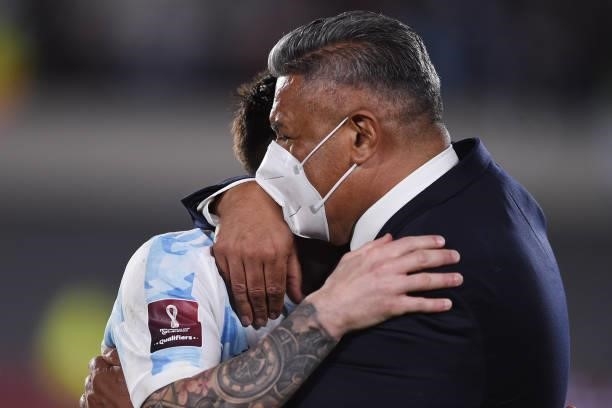 Lionel Messi of Argentina hugs President of AFA Claudio Tapia after a match between Argentina and Uruguay as part of South American Qualifiers for...