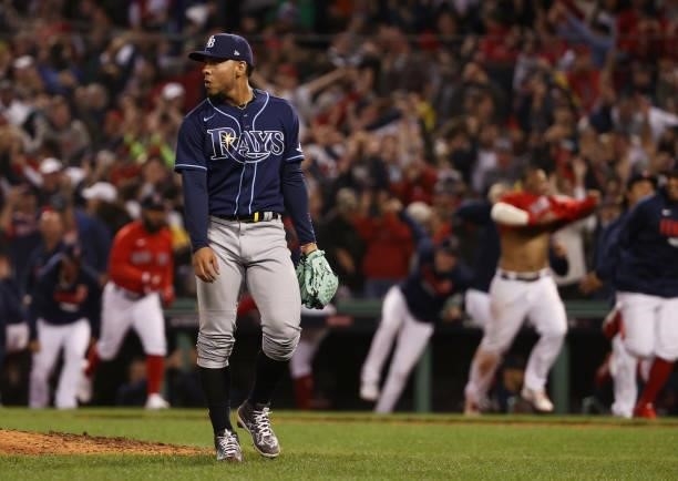 Luis Patino of the Tampa Bay Rays reacts to their 6 to 4 loss to the Boston Red Sox in the 13th inning during Game 3 of the American League Division...
