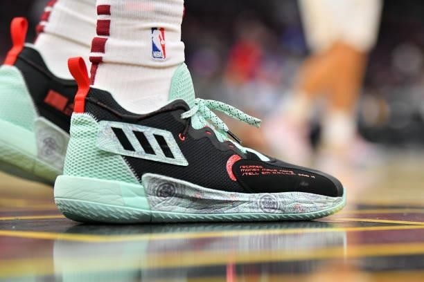 The shoes of Evan Mobley of the Cleveland Cavaliers during the fourth quarter against the Chicago Bulls at Rocket Mortgage Fieldhouse on October 10,...