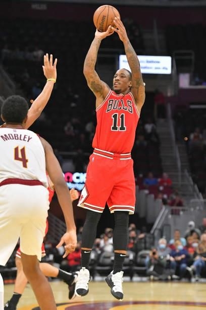 DeMar DeRozan of the Chicago Bulls shoots during the fourth quarter against the Cleveland Cavaliers at Rocket Mortgage Fieldhouse on October 10, 2021...