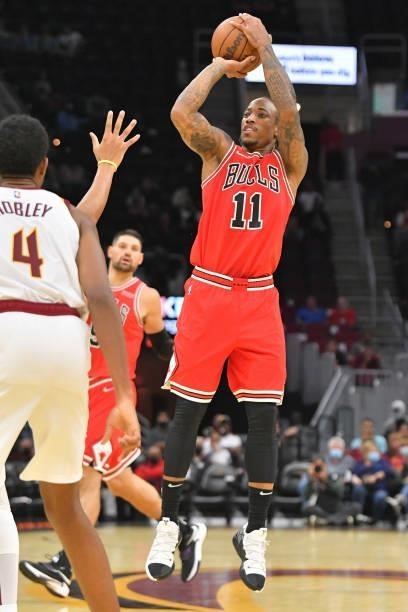 DeMar DeRozan of the Chicago Bulls shoots during the fourth quarter against the Cleveland Cavaliers at Rocket Mortgage Fieldhouse on October 10, 2021...