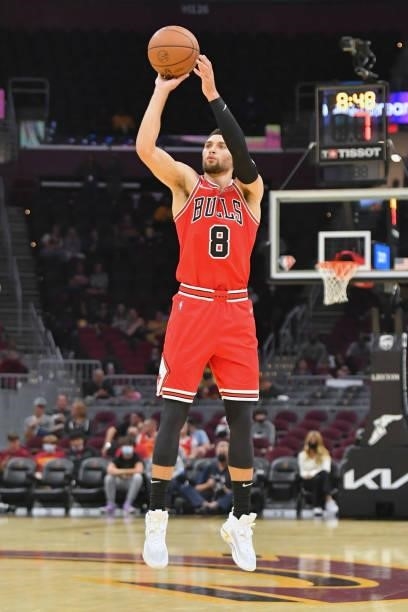Zach LaVine of the Chicago Bulls shoots a jump shot during the third quarter against the Cleveland Cavaliers at Rocket Mortgage Fieldhouse on October...