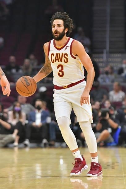 Ricky Rubio of the Cleveland Cavaliers brings the ball up court during the second quarter against the Chicago Bulls at Rocket Mortgage Fieldhouse on...