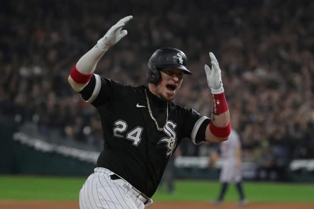 Yasmani Grandal of the Chicago White Sox celebrates a two run home run in the third inning during game 3 of the American League Division Series...