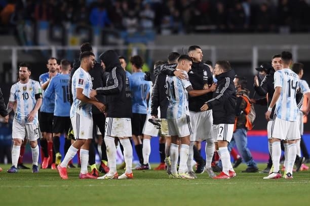 Nahuel Molina of Argentina celebrates with teammates after winning a match between Argentina and Uruguay as part of South American Qualifiers for...