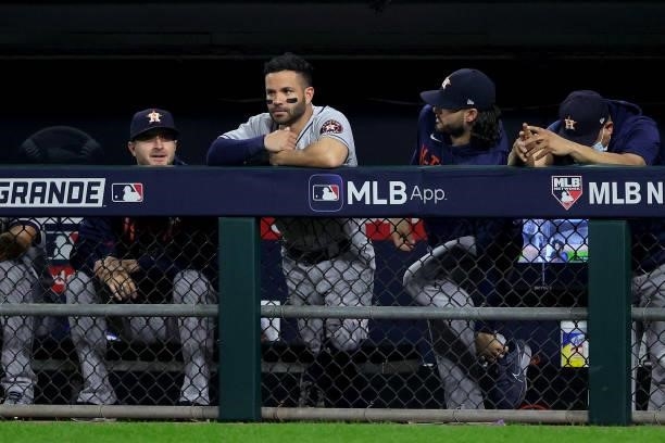 Jose Altuve of the Houston Astros in the dugout in the second inning during game 3 of the American League Division Series against the Chicago White...