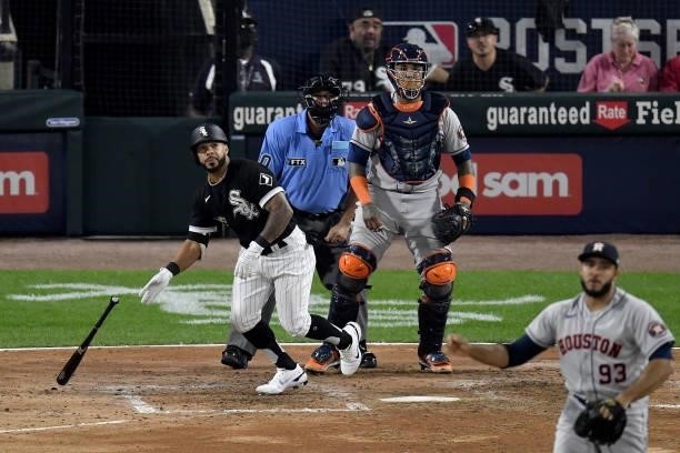 Leury Garcia of the Chicago White Sox hits a three run home run in the third inning during game 3 of the American League Division Series against the...