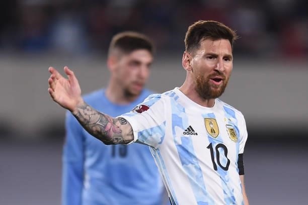Lionel Messi of Argentina reacts during a match between Argentina and Uruguay as part of South American Qualifiers for Qatar 2022 at Estadio...