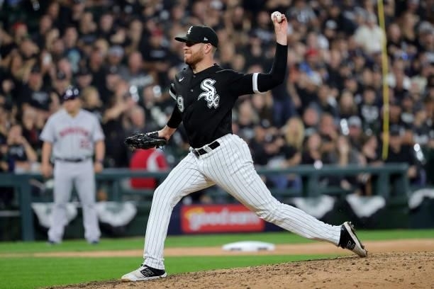 Aaron Bummer of the Chicago White Sox pitches in the seventh inning during game 3 of the American League Division Series against the Houston Astros...