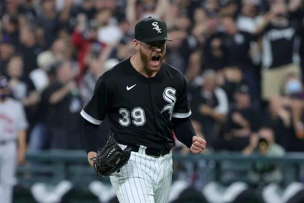 Aaron Bummer of the Chicago White Sox reacts to strike out in the seventh inning during game 3 of the American League Division Series against the...