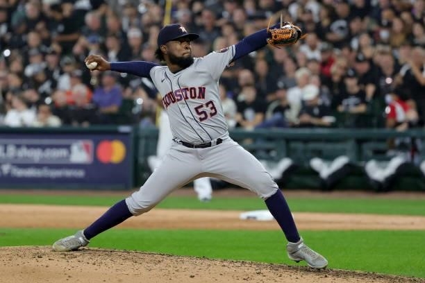 Cristian Javier of the Houston Astros pitches in the seventh inning during game 3 of the American League Division Series against the Chicago White...