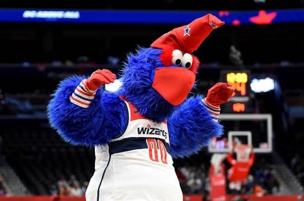 The Washington Wizards mascot performs before the game against the New York Knicks at Capital One Arena on October 09, 2021 in Washington, DC. NOTE...