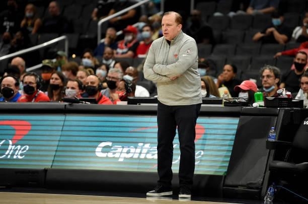 Head coach Tom Thibodeau of the New York Knicks watches the game against the Washington Wizards at Capital One Arena on October 09, 2021 in...