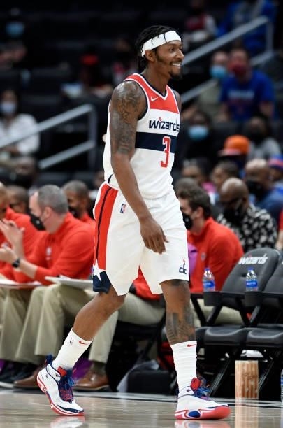 Bradley Beal of the Washington Wizards plays against the New York Knicks at Capital One Arena on October 09, 2021 in Washington, DC. NOTE TO USER:...