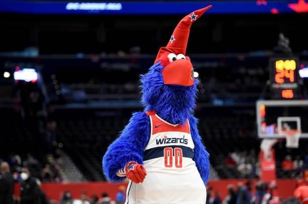 The Washington Wizards mascot performs before the game against the New York Knicks at Capital One Arena on October 09, 2021 in Washington, DC. NOTE...