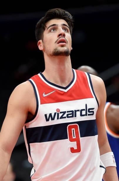 Deni Avdija of the Washington Wizards plays against the New York Knicks at Capital One Arena on October 09, 2021 in Washington, DC. NOTE TO USER:...