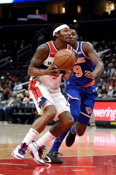 Bradley Beal of the Washington Wizards handles the ball against the New York Knicks at Capital One Arena on October 09, 2021 in Washington, DC. NOTE...