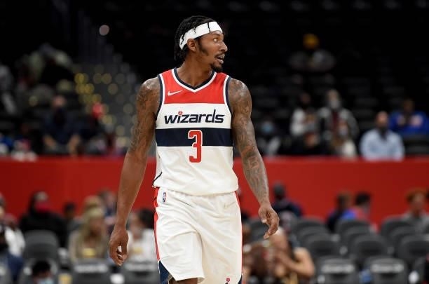 Bradley Beal of the Washington Wizards plays against the New York Knicks at Capital One Arena on October 09, 2021 in Washington, DC. NOTE TO USER:...