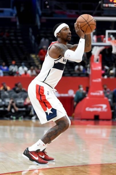 Kentavious Caldwell-Pope of the Washington Wizards shoots the ball against the New York Knicks at Capital One Arena on October 09, 2021 in...