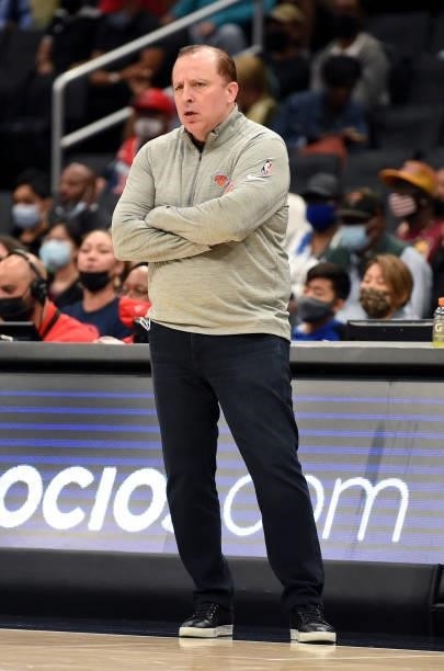 Head coach Tom Thibodeau of the New York Knicks watches the game against the Washington Wizards at Capital One Arena on October 09, 2021 in...