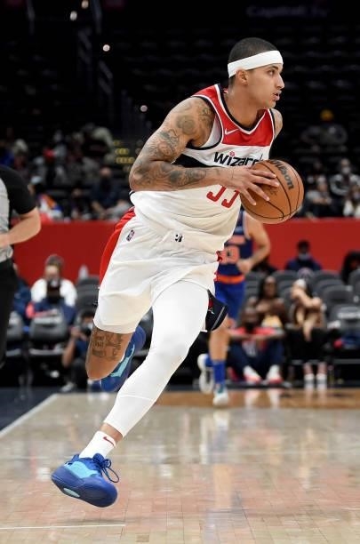 Kyle Kuzma of the Washington Wizards handles the ball against the New York Knicks at Capital One Arena on October 09, 2021 in Washington, DC. NOTE TO...