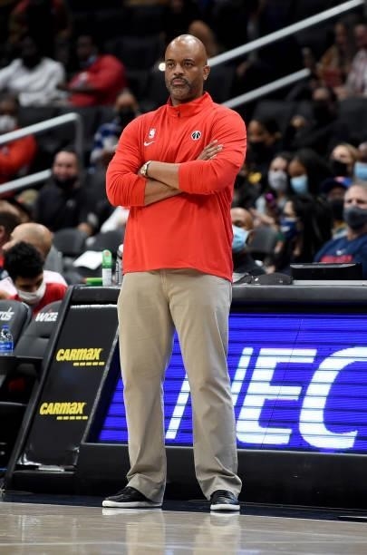 Head coach Wes Unseld Jr. Of the Washington Wizards watches the game against the New York Knicks at Capital One Arena on October 09, 2021 in...
