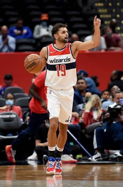 Raul Neto of the Washington Wizards handles the ball against the New York Knicks at Capital One Arena on October 09, 2021 in Washington, DC. NOTE TO...