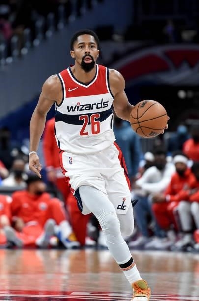 Spencer Dinwiddie of the Washington Wizards handles the ball against the New York Knicks at Capital One Arena on October 09, 2021 in Washington, DC....