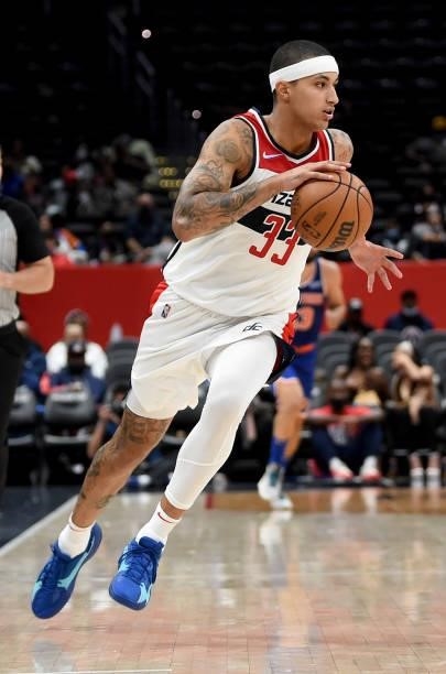 Kyle Kuzma of the Washington Wizards handles the ball against the New York Knicks at Capital One Arena on October 09, 2021 in Washington, DC. NOTE TO...