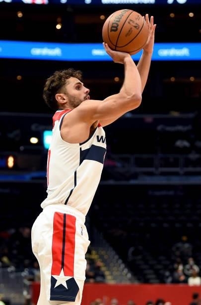 Raul Neto of the Washington Wizards shoots the ball against the New York Knicks at Capital One Arena on October 09, 2021 in Washington, DC. NOTE TO...